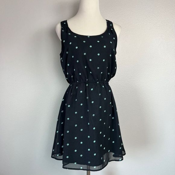 O'Neill Sleeveless Black & Teal Dot Detail Open Back Skater Scoop Neck Dress - Picture 2 of 8
